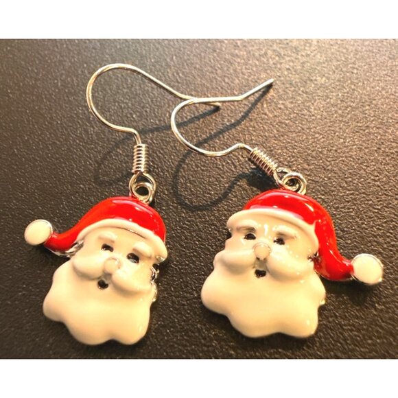 Santa Claus Dangling Hook Earrings Holiday Festive Jewelry Red & White - Picture 2 of 5